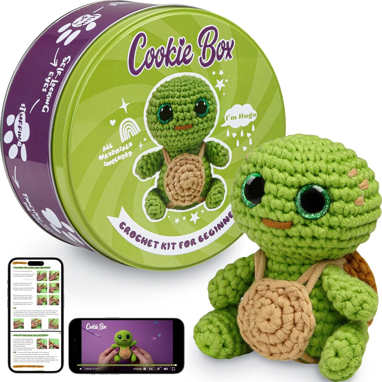 Original Crochet Kit for Beginners – Gift Set to Make Turtle Hugo Amigurumi Plushie – Easy DIY Crochet & Knitting Starter Kit with Video and PDF Tutorials